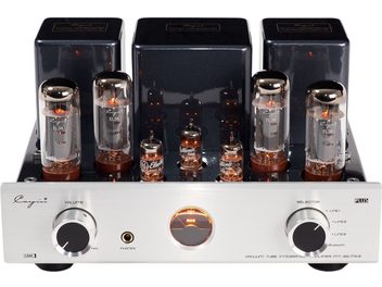 Cayin MT-35MK2 tube amplifier with Bluetooth, front view from a slight angle. Glossy black metal chassis topped with six glowing glass tubes, silver brushed aluminum front panel featuring two large black and silver circular knobs, a headphone jack, and an orange backlit VU meter.