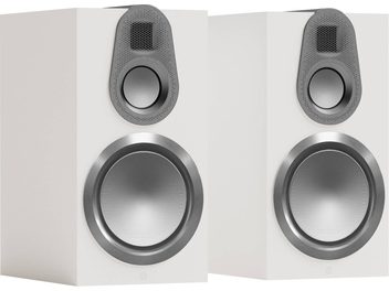 Enceintes bibliothèque Monitor Audio Gold 100 6G blanc satin, vue de face, deux haut-parleurs circulaires argentés