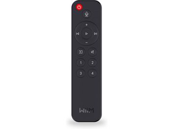 Telecomando WiiM Remote nero, vista frontale, pulsanti circolari numerati, simboli di riproduzione, microfono, alimentazione rossa