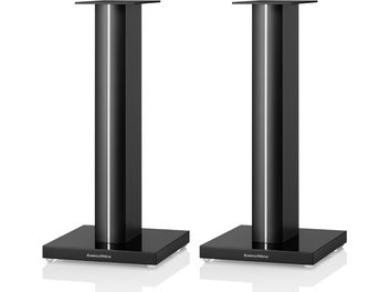 Deux pieds d'enceinte Bowers & Wilkins FS 700 S3 noir, vus de face, en position verticale, sur une surface réfléchissante