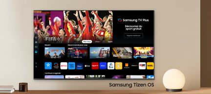 Écran de télévision Samsung affichant une interface utilisateur avec des vignettes de programmes sportifs et des icônes d'applications