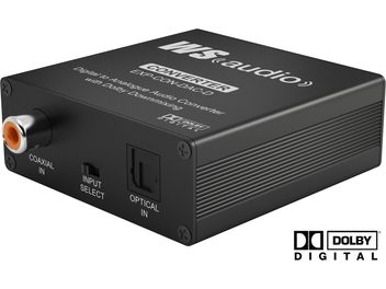 Wyrestorm EXP-CON-DAC-D black audio DAC converter, front view, with coaxial and optical connectors and front panel selector