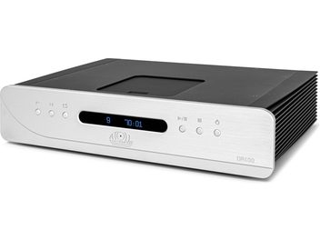 Atoll Electronique DR400 Evolution high-fidelity CD player in brushed silver aluminum, three-quarter front view, central blue digital display flanked by three round control buttons on each side, black top cover with loading slot and large lateral cooling fins