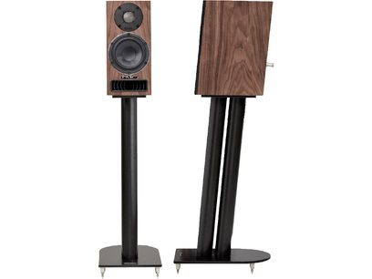 PMC Twenty5.21i bookshelf speakers in walnut, front and side view, black speakers, silver tweeter