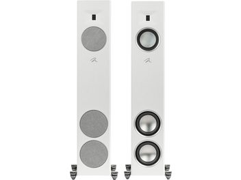 Enceinte colonne MartinLogan Motion F20 blanc mat avec deux haut-parleurs circulaires et un tweeter rectangulaire sur chaque unité
