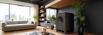 Haut-parleur noir sur étagère en bois clair, plante verte en pot noir à droite, salon lumineux avec canapé gris et grande fenêtre