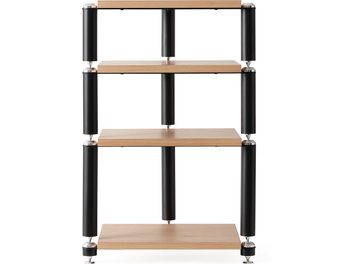 Έπιπλο Hi-Fi Norstone Design Copenhagen, μπροστινή όψη, 4 οριζόντια ράφια με φινίρισμα ανοιχτόχρωμου ξύλου, κυλινδρικά μαύρα στηρίγματα, ρυθμιζόμενα πόδια.