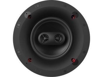 Enceinte encastrable noire Klipsch CS-16-CSM Sky Hook, vue de face, deux haut-parleurs ronds, quatre fixations rouges