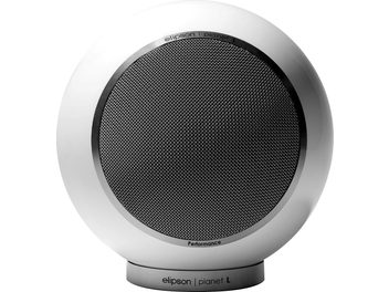 Enceinte bibliothèque Elipson Planet L Performance blanc laqué avec forme sphérique, grille métallique circulaire et base cylindrique