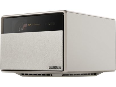 Vidéoprojecteur Harman/Kardon 4K Zoom Lens, vue de face, couleur gris clair, grille de haut-parleur grise, objectif noir
