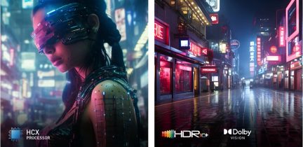 À gauche, personnage de profil avec casque technologique et éléments lumineux; à droite, rue urbaine nocturne avec enseignes lumineuses