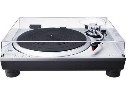 Platine vinyles Technics SL-1500CEG-S argent, vue de dessus, plateau noir, bras de lecture, boutons et commandes sur le côté droit