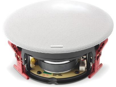 Enceinte encastrable Focal 300 ICW8 ronde, grille blanche perforée, châssis rouge, haut-parleur noir et jaune visible