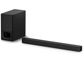 Μπάρα ήχου Sony HT-S400 μαύρη, όψη από μπροστά, επιμήκης ορθογώνια μορφή, κυβικός υπογούφερ στα αριστερά με μπροστινή γρίλια