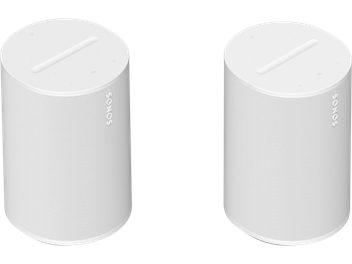 Deux enceintes cylindriques blanches Sonos Era 100 blanc mat, vues de face, grilles métalliques sur la majeure partie de la surface