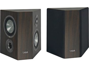 Due diffusori compatti Taga Harmony Platinum S-100 V.4 in legno wengé scuro, tweeter e altoparlante neri