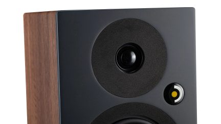Vue partielle d'une enceinte avec panneau avant noir mat, tweeter circulaire central, logo rond avec détail jaune, côté en bois