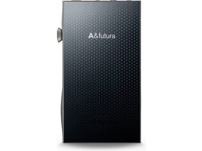 Astell&Kern SE300 titanium audiophile music player, dark gray textured metal front face with logo, front view
