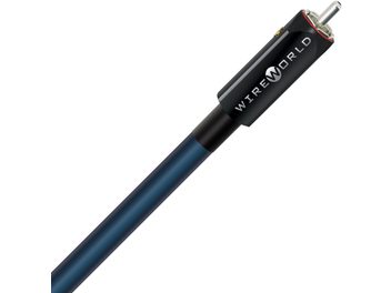 Câble pour caisson de basses Wireworld Oasis 10 Mono 6m, connecteur cylindrique noir avec inscription blanche, gaine bleu foncé