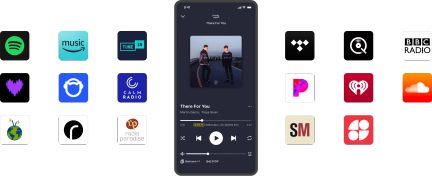 Une interface mobile sombre affichant une chanson entourée de 18 icônes d'applications musicales colorées sur fond noir