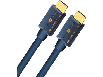 Wireworld Sphere 48 HDMI Cable 0.6m, rectangular gold-plated connectors, matte blue housings, directional arrows, cylindrical blue sleeve