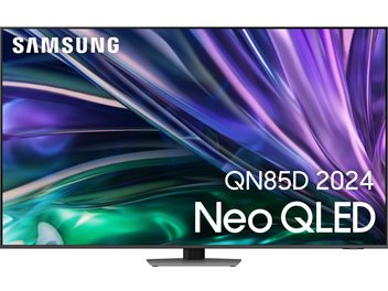 Téléviseur Samsung QN85D 2024 Neo QLED, écran plat rectangulaire, cadre fin, affichage graphique coloré abstrait aux tons bleus et violets