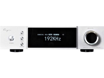 Cayin iDAC-8 audio converter in brushed aluminum silver, front view, featuring a large central black digital display showing 192 kHz, three vertical buttons on the left, and a large circular volume knob on the right