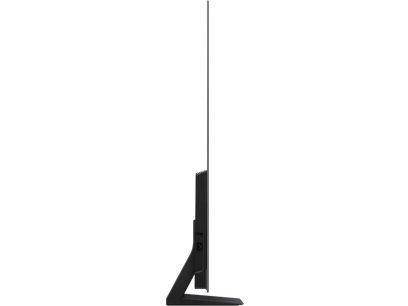 Téléviseur haute définition Samsung TQ55S90D 2024, vue latérale, écran ultra-fin, support noir, connectique arrière visible