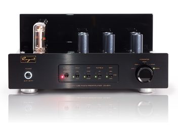 Cayin CS-6PH high-fidelity power amplifier in black, brushed black metal chassis, front view, with visible glass tube on the left, row of LED indicators in the center, and large rotary knob on the right