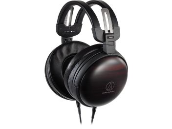Cuffie chiuse Audio Technica ATH-AWKT in legno scuro, archetto e cuscinetti in pelle nera, viste di profilo destro