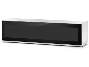 Meuble TV bas rectangulaire noir brillant, façade blanche, sans poignées apparentes, sur socle blanc