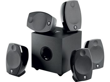 Pack d'enceintes compactes Focal Sib Evo 5.1 noir, 5 enceintes satellites et 1 caisson de basses cubique, en vue de face