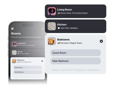 Interface utilisateur avec trois sections : salon, cuisine, chambres ; icônes, texte blanc, fond noir et gris