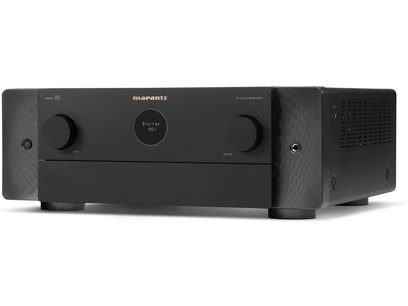 Ampli home-cinéma Marantz Cinema 50 noir, vue de face, façade noire mate avec boutons et molette argentés, écran LCD bleu