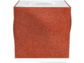 Griglia dell'altoparlante Naim Audio Mu-so Qb 2 arancione, vista frontale, tessuto a rete rettangolare arancione vivace che copre l'intera superficie, cornice bianca intorno