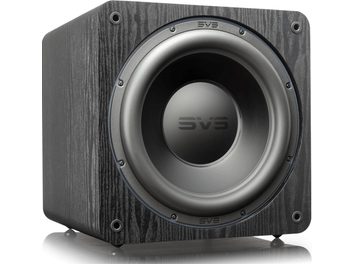 SVS SB-2000 Pro black ash subwoofer, front view, dark wood enclosure, black circular speaker in the center, SVS logo