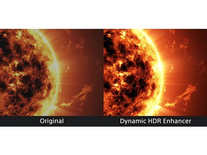Soleil en éruption, surface turbulente, éjections de matière incandescente, comparaison entre image originale et version améliorée