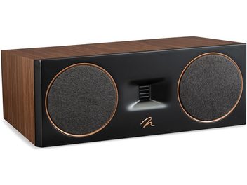 Enceinte centrale Motion C10 noyer avec deux grilles circulaires noires, un panneau frontal noir et des côtés en bois finition noyer