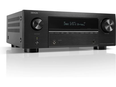 Denon AVC-X3800H sort hjemmebiografsforstærker, frontvisning, display "IMAX DTS:X 8-ray", frontknapper og -stik