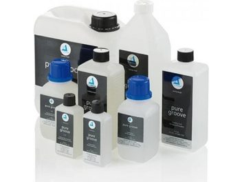ClearAudio Pure Groove vinyl cleaning fluid bottles, various sizes, black labels, on white background