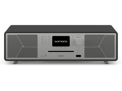 Sonoro Meisterstück (gen 2) højfedelt system grafitgrå mat - sølv, frontvisning, mørkegrå front med metalrist, central LCD-skærm, kontrolknapper og -hjul