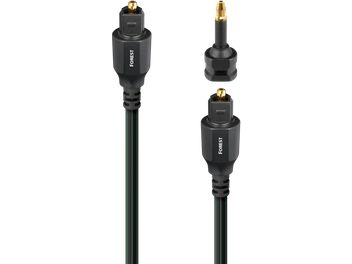 Zbliżenie od frontu dwóch złączy Toslink oraz adaptera mini-Toslink kabla Audioquest Forest optycznego 8 m w czarnej osłonie z plastiku z zielonymi paskami, z czarnym korpusem i złotymi końcówkami optycznymi
