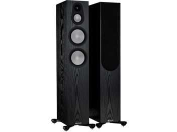 Enceintes colonnes Monitor Audio Silver 300 7G black oak, finition noire, vue de face, 3 haut-parleurs visibles