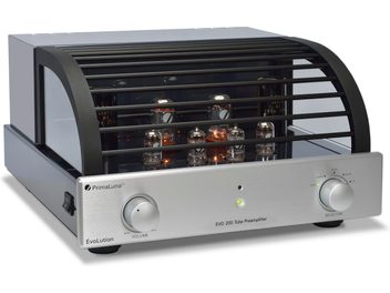 PrimaLuna EVO 200 silver tube preamplifier, 8 visible tubes, 4-button front panel, elevated chassis