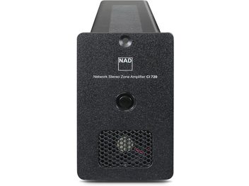 Ampli hi-fi stéréo NAD CI 720 V2 noir, vue de face, grille noire texturée, logo NAD, bouton et prise jack sur le devant