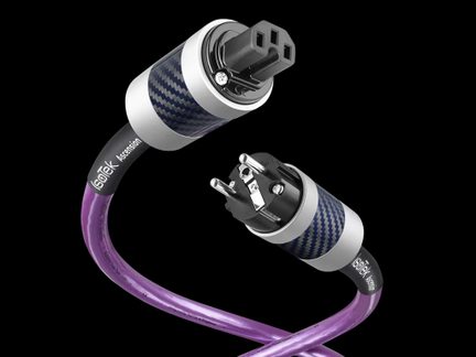 Câble violet avec connecteurs cylindriques argentés et noirs, motifs tressés bleus, prises mâle et femelle visibles, fond noir