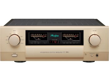 Ampli hi-fi intégré stéréo E-380, vue de face, finition dorée, 2 grands boutons circulaires, écran central avec indicateurs