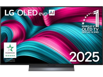 Téléviseur LG OLED48C5 noir à écran plat OLED, cadre mince en métal et support central rectangulaire, vue de face