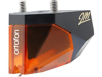 Cellule platine vinyles Ortofon 2M Bronze Verso, vue de 3/4 arrière, corps noir et orange translucide, pointes de lecture argentées