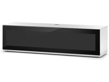 Meuble TV bas rectangulaire noir brillant, façade blanche, sans poignées apparentes, sur pieds métalliques chromés